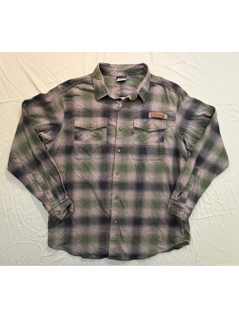 Columbia PHG Men’s L Lined Flannel Shirt Green Gray Plaid Hunting Stretch